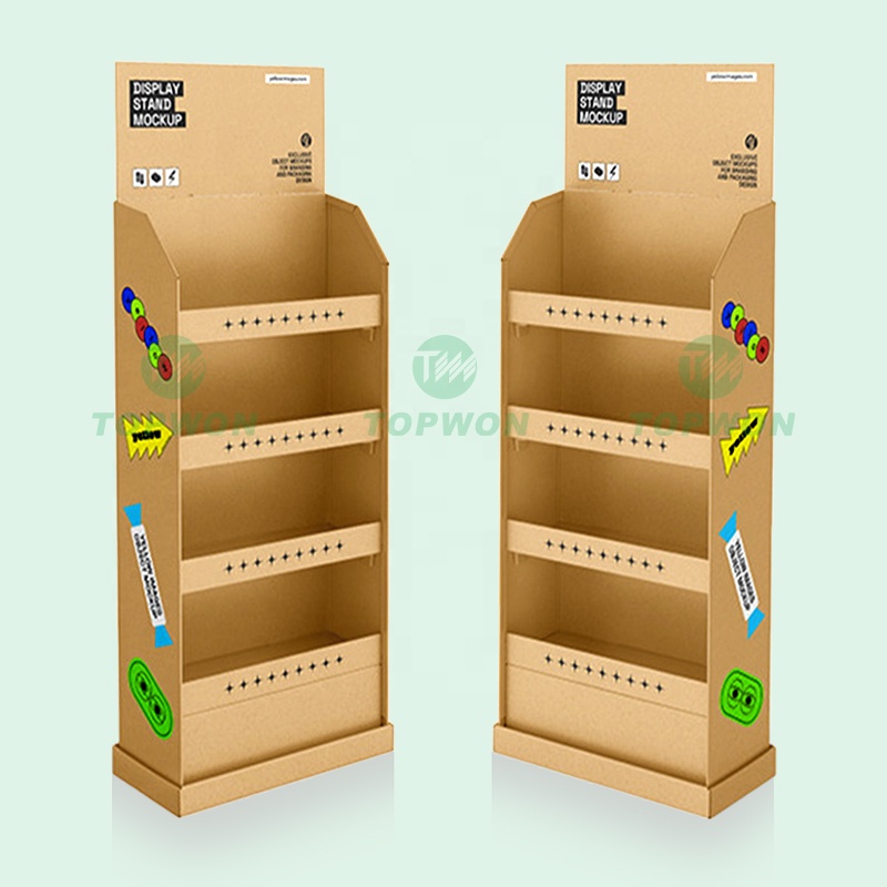 Custom Supermarket Retail 4 Tier Kraft Paper Product Floor Display Stand Rack Corrugated Cardboard Carton Display Stand