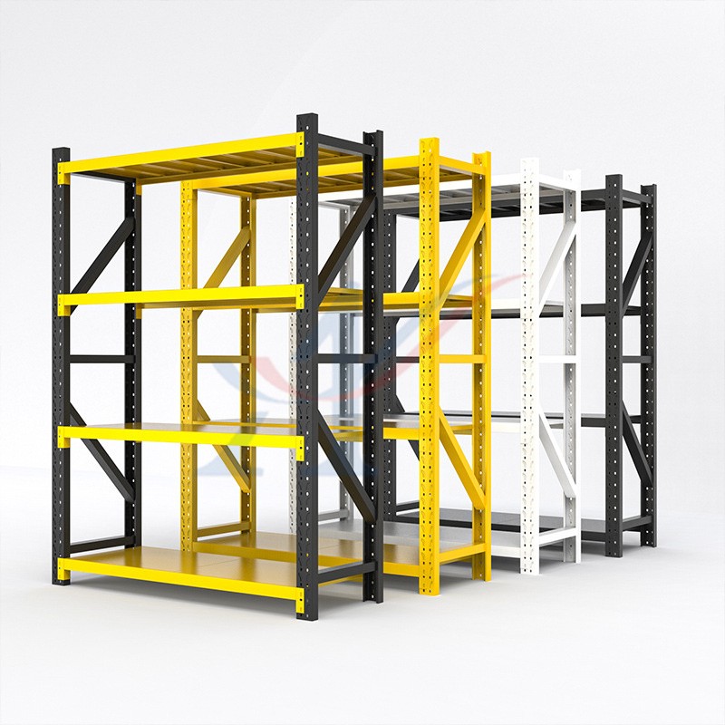 Custom Medium Duty Steel Shelving 200 Kg Layer Garage Black Yellow 4 Tier Powder Coated Industrial Warehouse Storage Metal