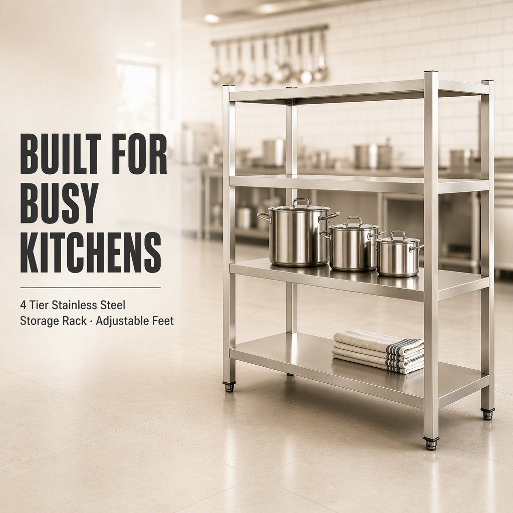 Heavy Duty 4 Tier Stainless Steel Storage Rack Adjustable Commercial Kitchen Shelving Unit for Restaurant Food Prep