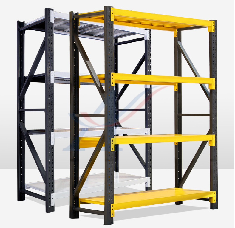 Custom Medium Duty Steel Shelving 200 Kg Layer Garage Black Yellow 4 Tier Powder Coated Industrial Warehouse Storage Metal