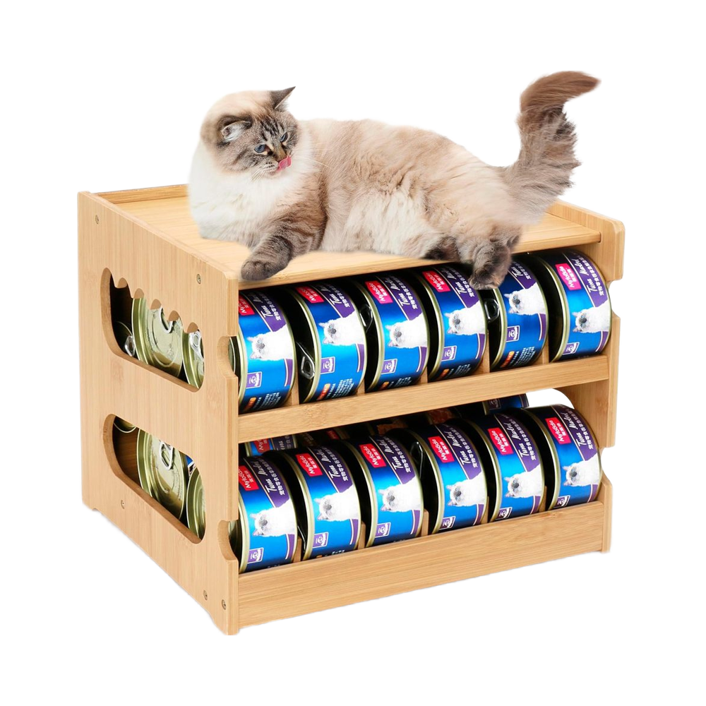 PLITTPETTS Bamboo 2-Tier Standing Pantry Can Organizer FIFO Design Sustainable Modern Kitchen Rack for 36 Cans Pet Food Storage