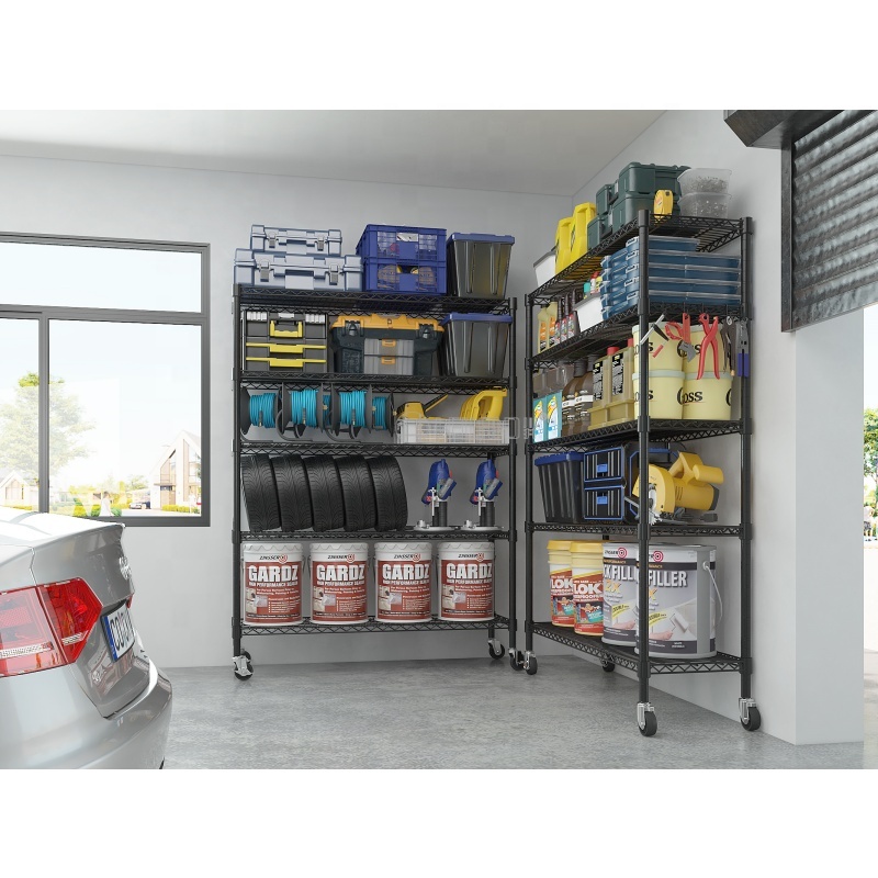 Heavy Duty 5 Tiers Epoxy Black Steel Racking Garage Storage Workshop Shelf Wire Corner Warehouse Shelving Garage Rack