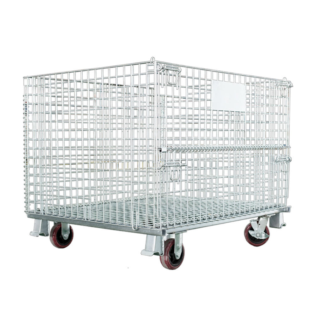 Industrial Bulk Storage Foldable Galvanized Wire Mesh Metal Cage Pallet With Casters