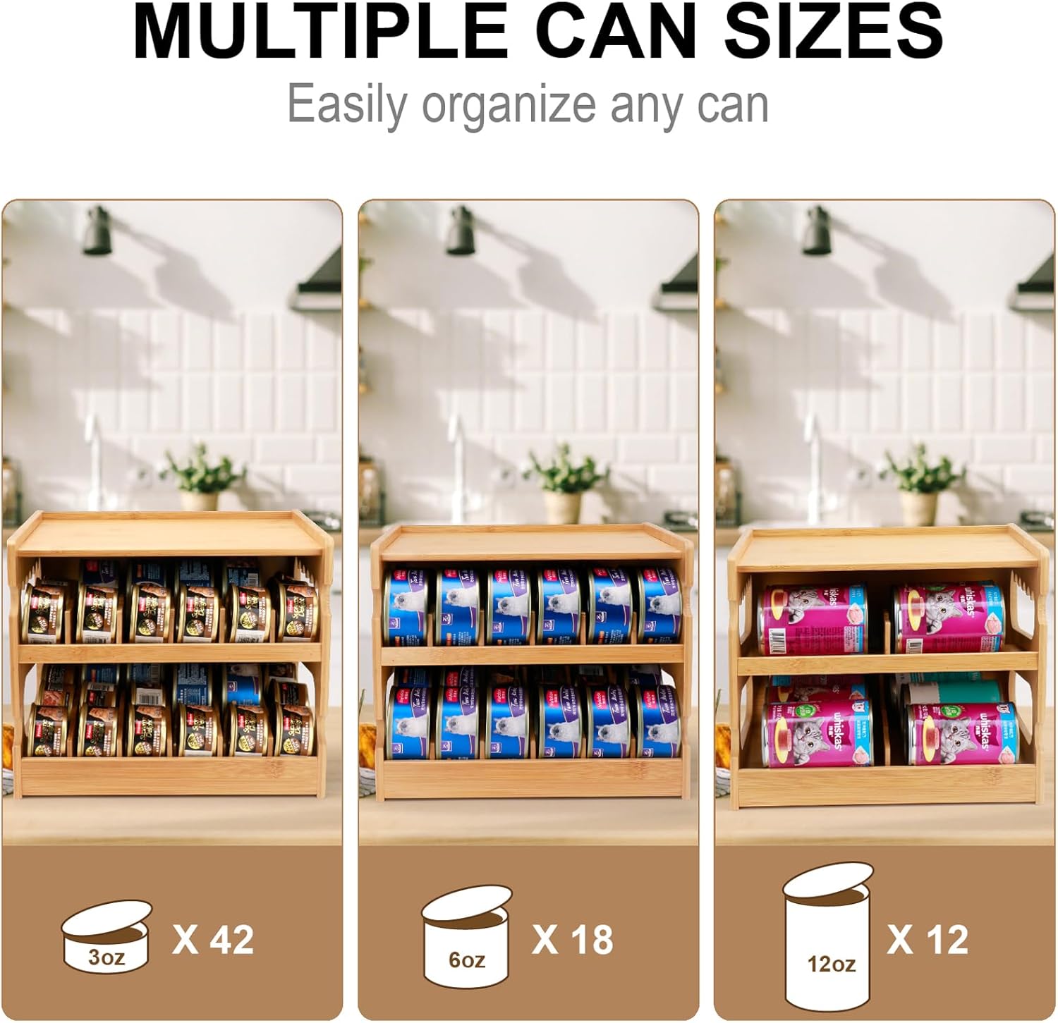 PLITTPETTS Bamboo 2-Tier Standing Pantry Can Organizer FIFO Design Sustainable Modern Kitchen Rack for 36 Cans Pet Food Storage