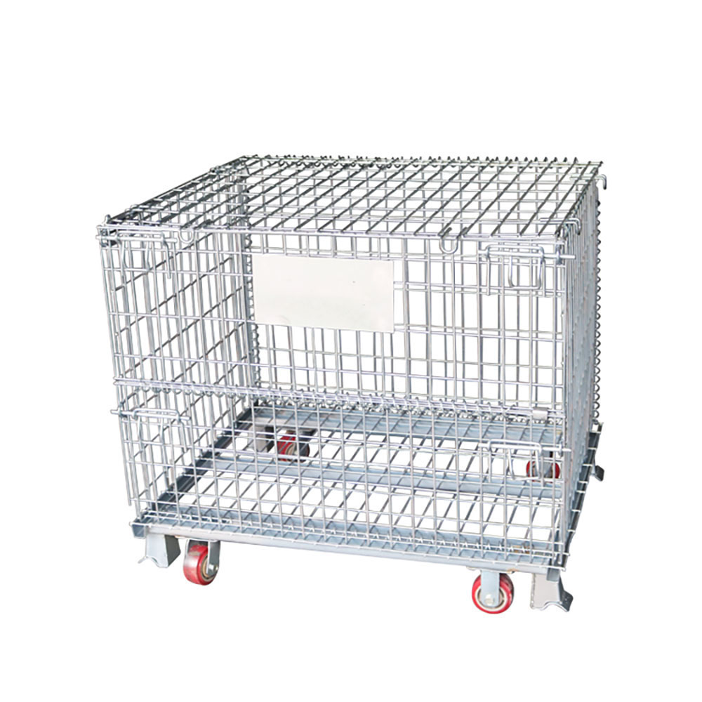 Industrial Bulk Storage Foldable Galvanized Wire Mesh Metal Cage Pallet With Casters