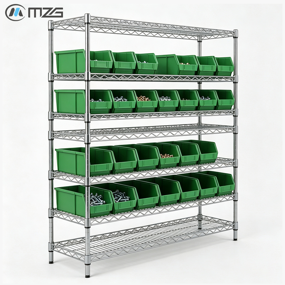 MZG Wholesale Electronics Warehouse Storage Rack Height Adjustable Metal Multiple Layers Wire Shelving with Plastic Bins
