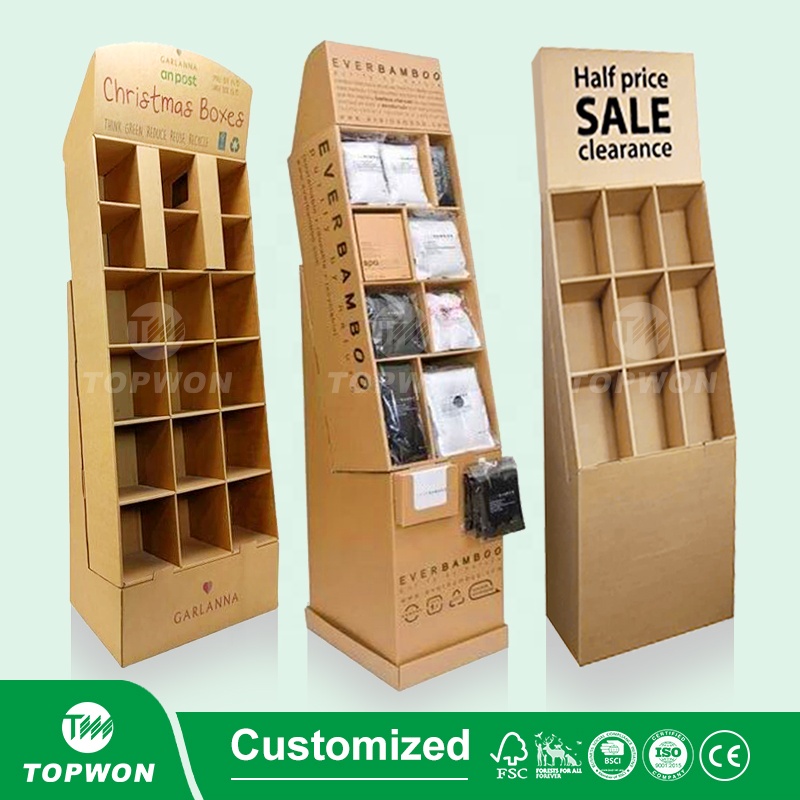 Custom Supermarket Retail 4 Tier Kraft Paper Product Floor Display Stand Rack Corrugated Cardboard Carton Display Stand