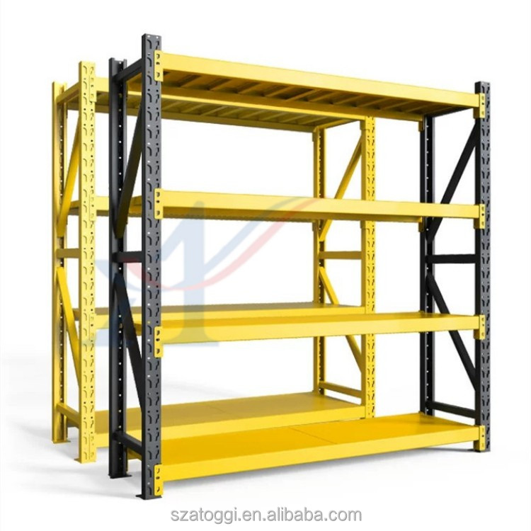 Custom Medium Duty Steel Shelving 200 Kg Layer Garage Black Yellow 4 Tier Powder Coated Industrial Warehouse Storage Metal