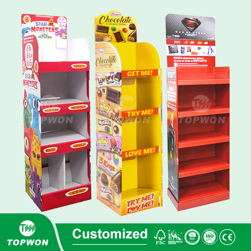 Custom Supermarket Retail 4 Tier Kraft Paper Product Floor Display Stand Rack Corrugated Cardboard Carton Display Stand