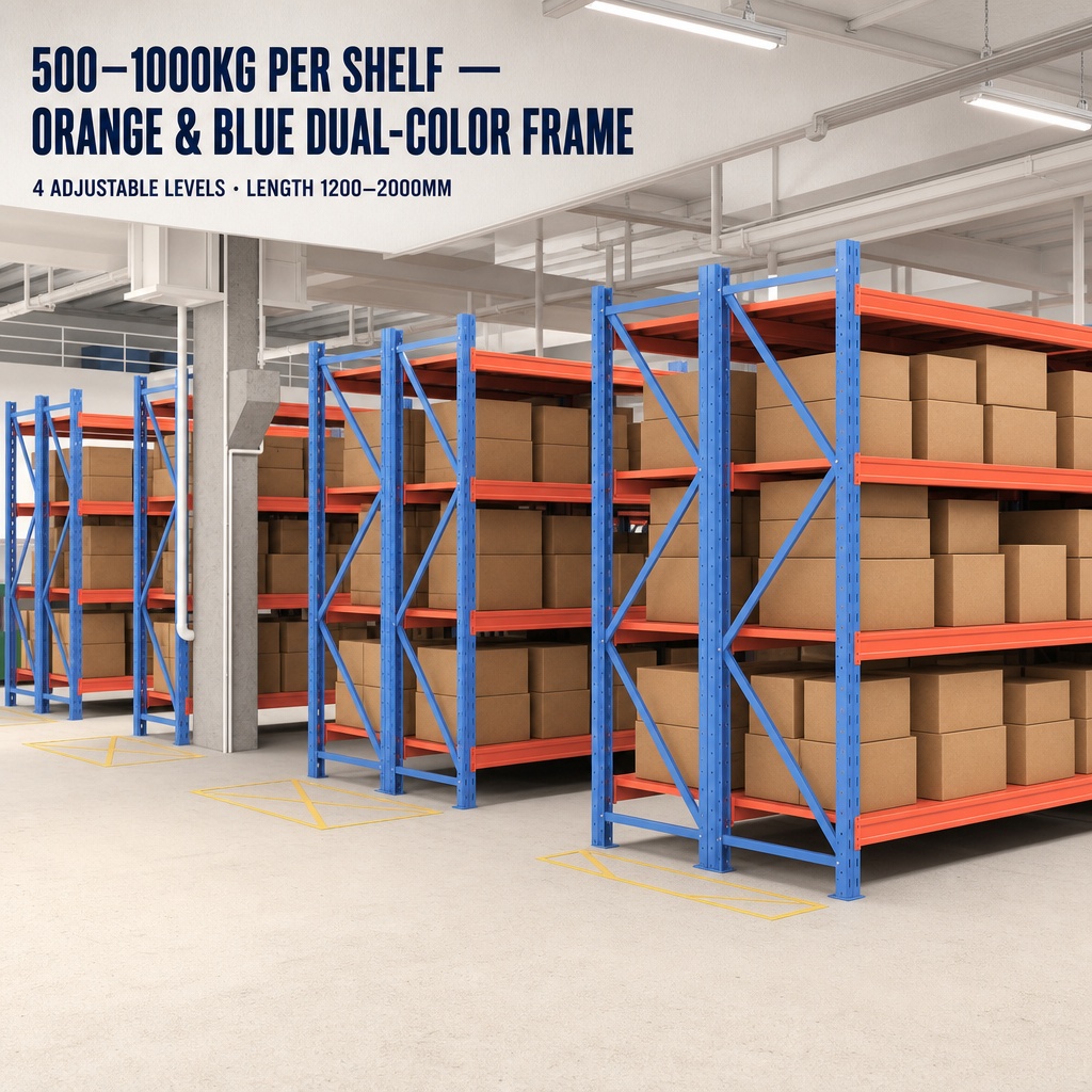Heavy Duty Orange Blue Warehouse Storage Rack 4 Layers 500-1000kg Per Shelf Adjustable Metal Shelving Unit