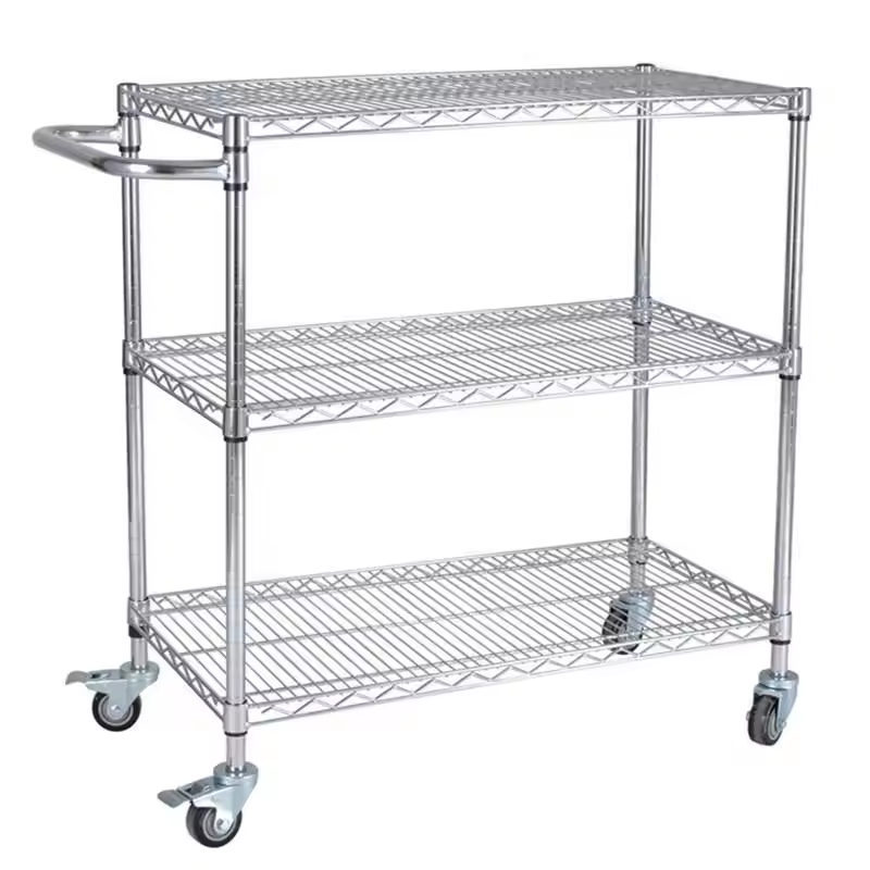 4 Layers Industrial Chrome Wire Basket ESD Shelf Trolley With Handrail
