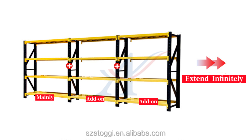 Custom Medium Duty Steel Shelving 200 Kg Layer Garage Black Yellow 4 Tier Powder Coated Industrial Warehouse Storage Metal