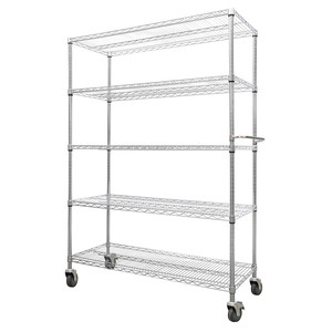 5 Tiers 60" X 18" X 72" Compact Movable Steel Wire Shelf Rack Trolley for Household Sundries Bulk Toys Storage