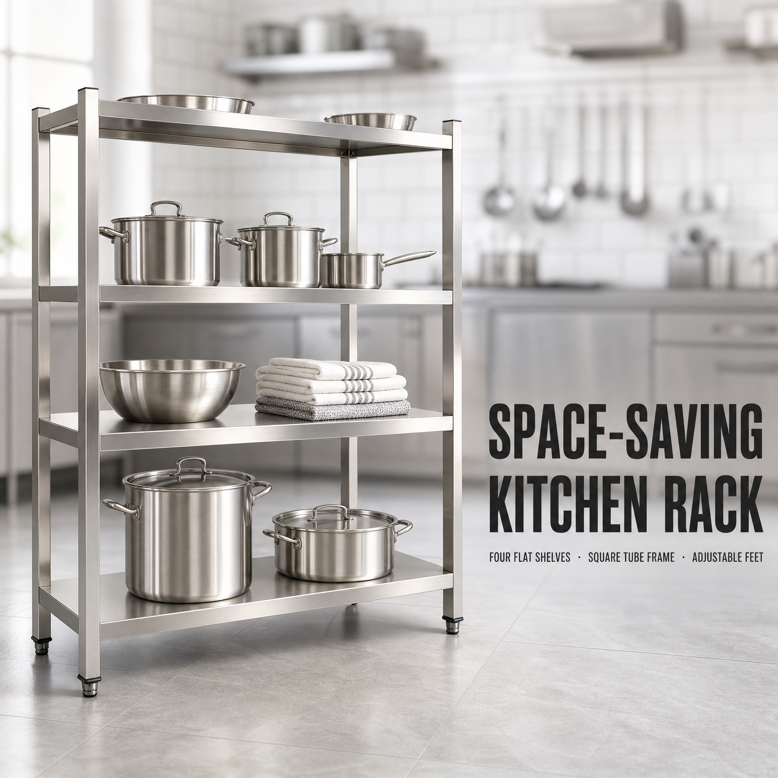 Stainless Steel 4 Tier Shelving Rack Commercial Kitchen Storage Shelf Heavy Duty Flat Shelves
