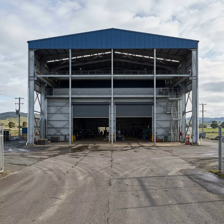 High Bay Galvanized Steel Structure Workshop Warehouse Interior Multi Tier Pallet Racking Central Aisle Prefab 3PL Fulfillment