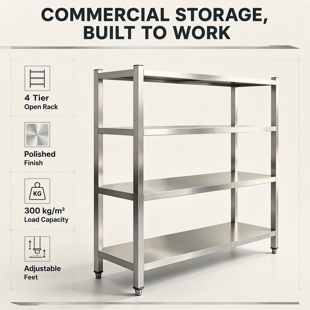 Heavy Duty 4 Tier Stainless Steel Storage Rack Adjustable Commercial Kitchen Shelving Unit for Restaurant Food Prep
