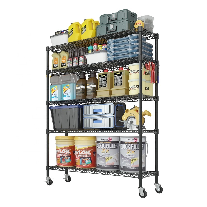 Heavy Duty 5 Tiers Epoxy Black Steel Racking Garage Storage Workshop Shelf Wire Corner Warehouse Shelving Garage Rack