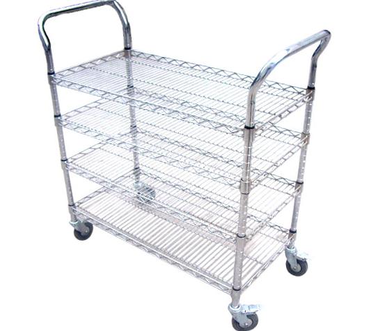 4 Layers Industrial Chrome Wire Basket ESD Shelf Trolley With Handrail