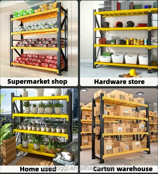 Custom Medium Duty Steel Shelving 200 Kg Layer Garage Black Yellow 4 Tier Powder Coated Industrial Warehouse Storage Metal