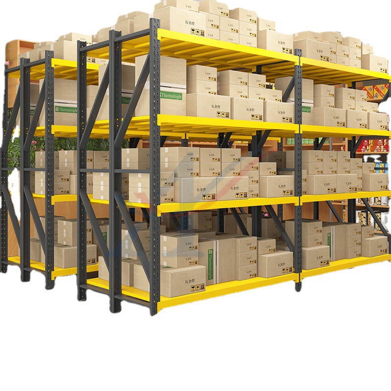 Custom Medium Duty Steel Shelving 200 Kg Layer Garage Black Yellow 4 Tier Powder Coated Industrial Warehouse Storage Metal