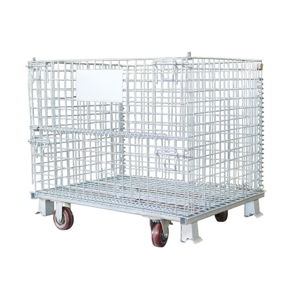 Industrial Bulk Storage Foldable Galvanized Wire Mesh Metal Cage Pallet With Casters