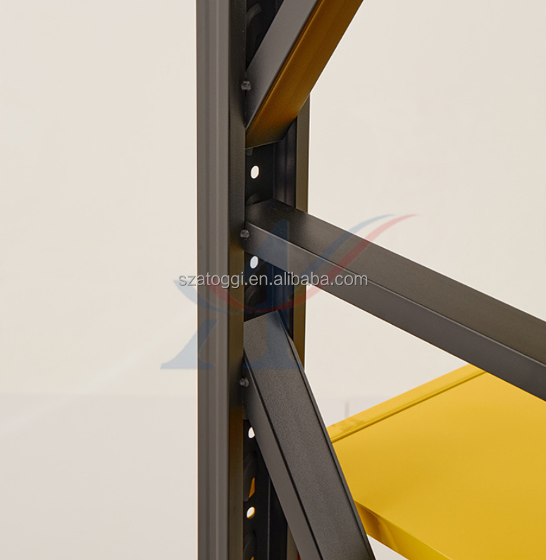 Custom Medium Duty Steel Shelving 200 Kg Layer Garage Black Yellow 4 Tier Powder Coated Industrial Warehouse Storage Metal