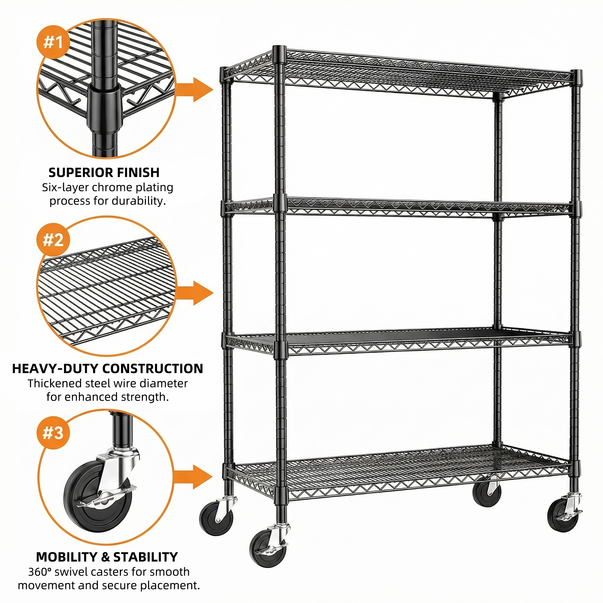 MZG USA Warehouse Local Stock Easy Assembly Industrial Heavy Duty 4 Tier Wire Black Metal Storage Rack Shelving Unit