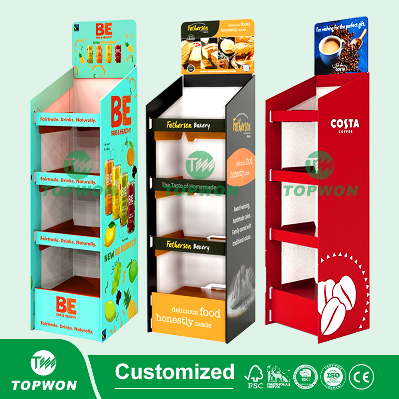 Custom Supermarket Retail 4 Tier Kraft Paper Product Floor Display Stand Rack Corrugated Cardboard Carton Display Stand