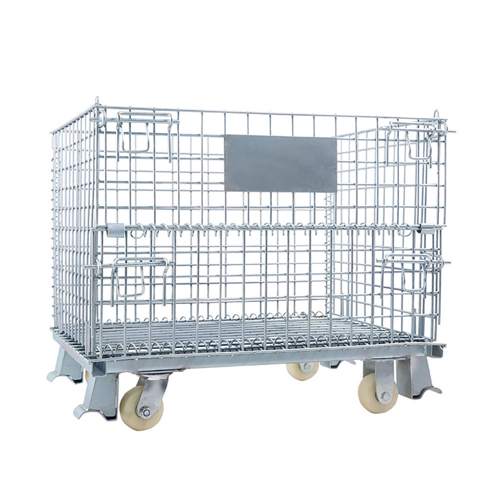 Industrial Bulk Storage Foldable Galvanized Wire Mesh Metal Cage Pallet With Casters