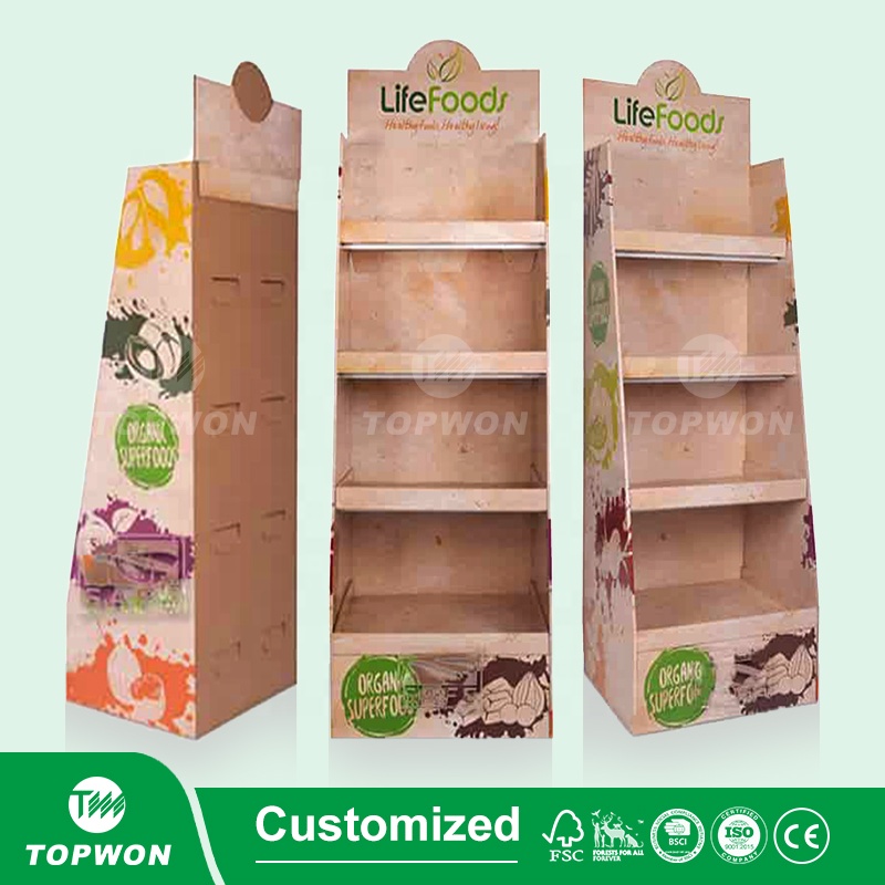 Custom Supermarket Retail 4 Tier Kraft Paper Product Floor Display Stand Rack Corrugated Cardboard Carton Display Stand