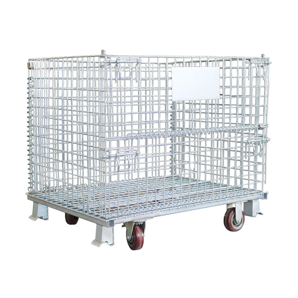 Industrial Bulk Storage Foldable Galvanized Wire Mesh Metal Cage Pallet With Casters